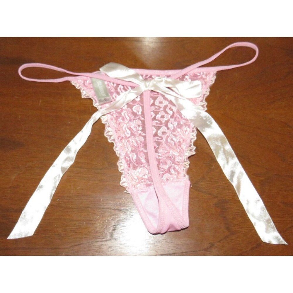 Vintage Glamour Pink Mesh Embroidered Thong Panties Satin Back Bow Size XL - Picture 7 of 14